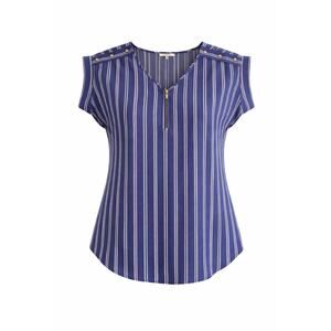 Blue & White Striped V-Neck Cap Sleeve Zipper Blouse 3X